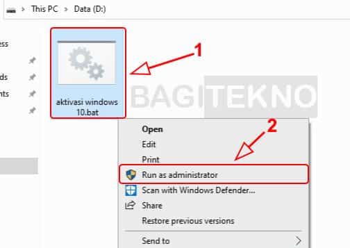 Jalankan file bat activator Windows 10 sebagai administrator